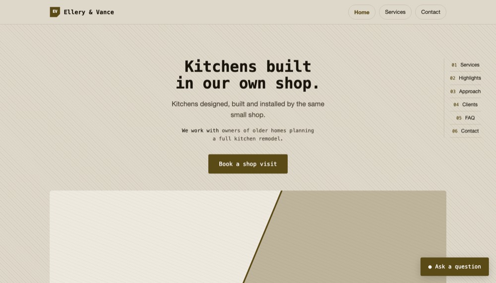A demonstration build for Ellery & Vance, custom kitchen cabinetry.