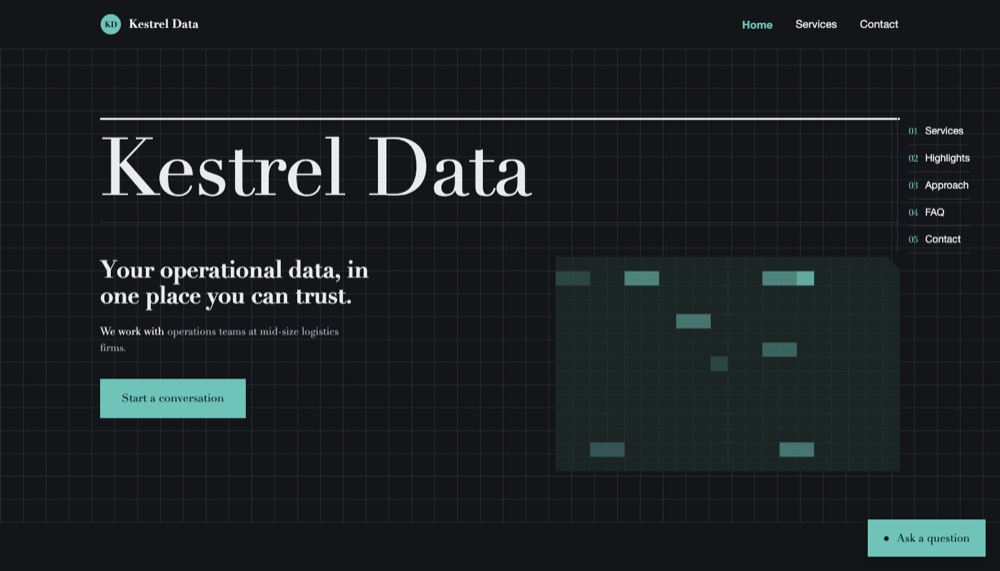 A demonstration build for Kestrel Data, software development.