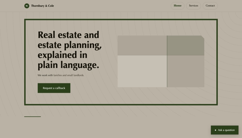 A demonstration build for Thornbury & Cole, attorneys.