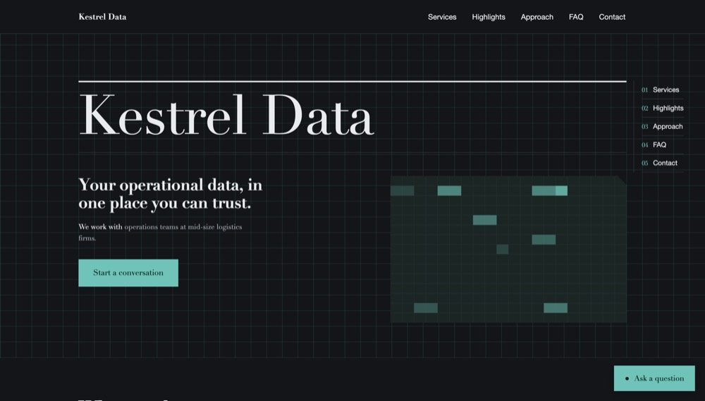 A demonstration build for Kestrel Data, a data consulting firm: dark ground, plotted grid, serif headline, teal accent.